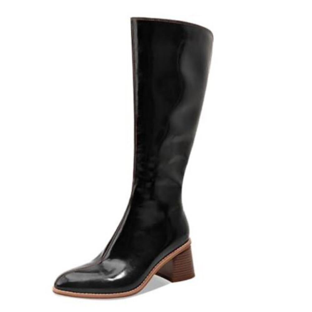 NWT MOTIMODEN Knee High Boots Chunky Heel Wide Calf Pointed Toe Mid Heel Tall 8M